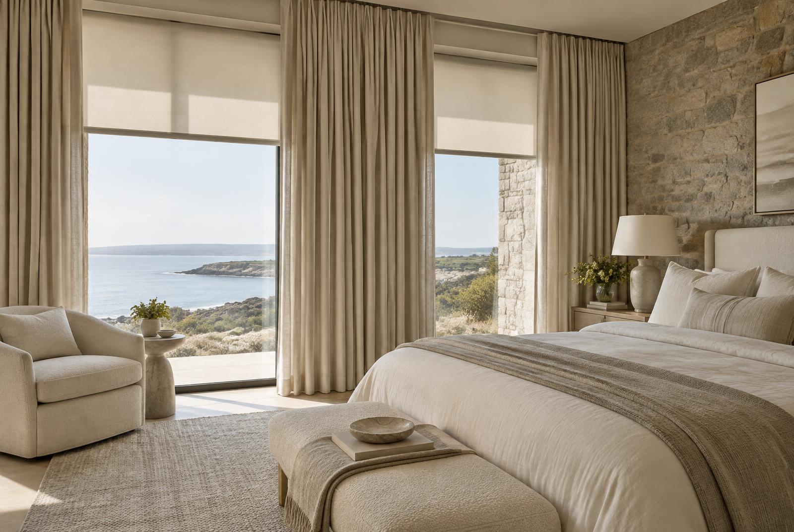Layered shades and drapery in a coastal bedroom