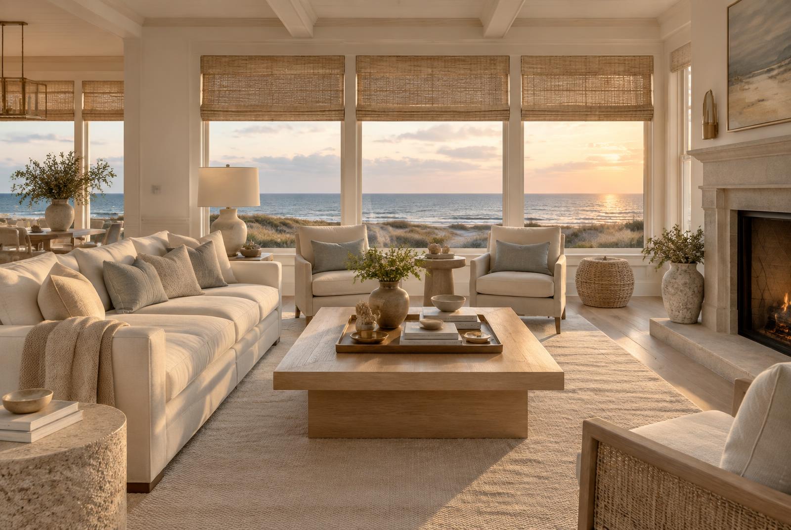 Custom woven shades in a refined Delaware coastal living room